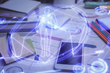 Double exposure of education theme drawing and cell phone background.