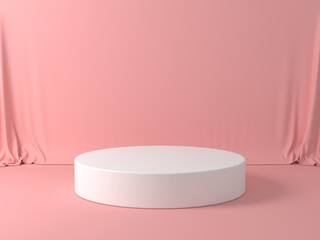 3D Scene. White circle stage Pink backdrop with curtains.