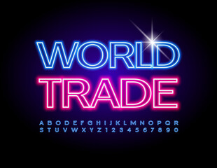 Vector electric sign World Trade. Bright Illuminated Font. Neon Blue Alphabet Letters and Numbers set