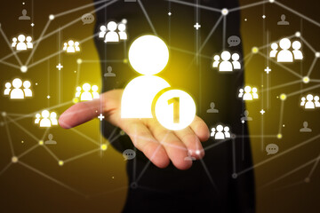 Hand holdig friend request icon around his hands, Social networking concept