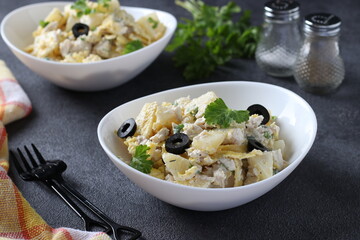 Two plates with salad pineapple, baked chicken, omelette and black olives in white bowls on a dark background