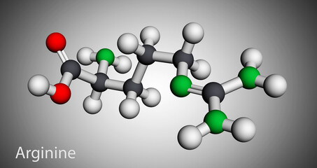 Arginine, L-arginine, Arg, R essential amino acid molecule, it is used in the biosynthesis of proteins. Molecular model. 3D rendering