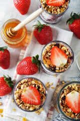 Dessert of homemade muesli, berries and yogurt