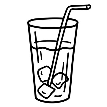 Glass of water with ice cubes and a straw. Glass of Lemonade. Hand drawn outline doodle picture. Vector sketch illustration of water glass.
