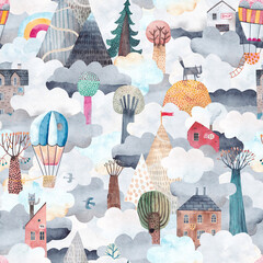 Fototapety  Cute clouds landscape with mountains, trees, houses and balloons. Travel by hot air balloons over the mountains. Watercolor seamless pattern. Trees, houses and mountains above the clouds.