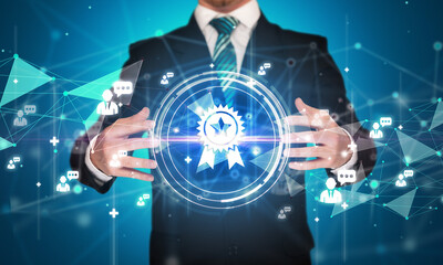 Solution concept in the hands of businessmen with guarantee label icon, creative business strategy plan
