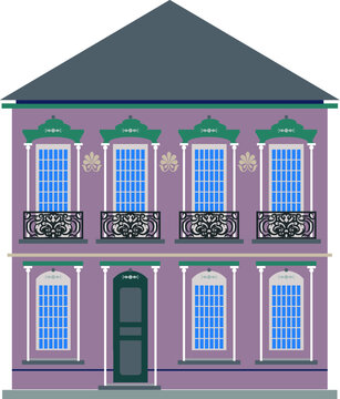 City elements of high-rise buildings front view with windows and doors in flat style isolated on white background. Apartment house and municipal structure. Vector illustration