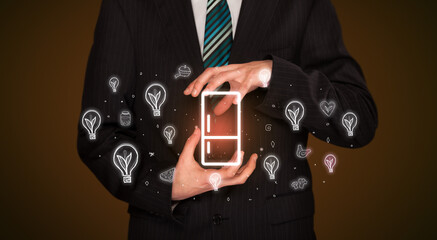 Hand holding fridge icon, healthy food delivery concept