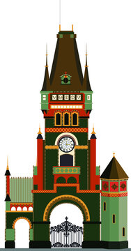 Medieval building. Colorful medieval castle with towers and clocks. Vector cartoon image. City clock tower tilted, cartoon illustration, isolated object on white background.