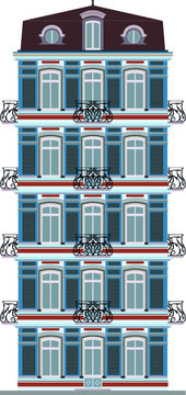 Different style residential house or university or school or hospital building. City architecture retro and modern building. Blue house front cartoon vector illustration