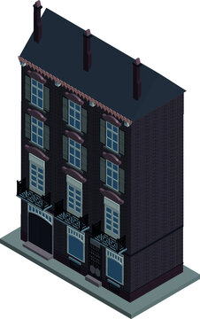 Vector isometric old apartment house. Residence building for infographic and other design projects. Isometric city or town map construction element