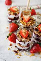 Dessert of homemade muesli, berries and yogurt