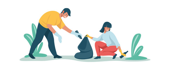 People collecting rubbish. Cleaning garbage concept. Cartoon man and woman work together to clear area of debris. Young volunteers put collected refuse in bag. Vector environmental charity event