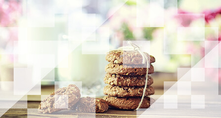 Abstract background. Collage graphic. Christmas gingerbread cookie and a glass of milk.