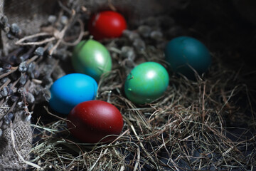 Easter painted eggs on burlap