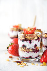 Dessert of homemade muesli, berries and yogurt