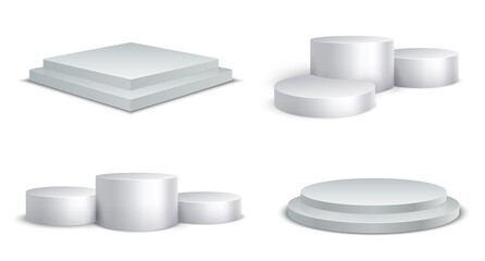 Realistic winner podium. 3D round and square stages. Glossy stepped exhibition or award ceremony platforms set. White blank pedestal for competition. Isolated vector mockup for product presentation