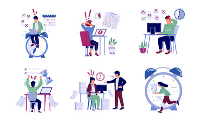 Deadline. Ineffective workflow concept. Cartoon busy men and women can't finish tasks by time. Stressed employees hard working overtime. Angry manager screaming at workers. Vector office scenes set