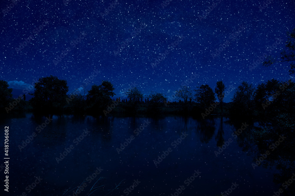 Wall mural milky way over a lake at summer night with clear skies under moonlight.