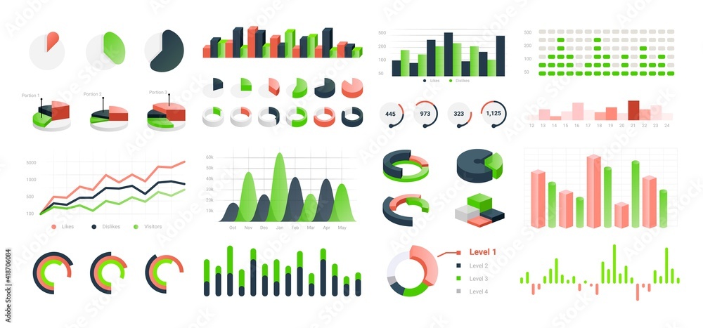 Poster graphic charts. infographic statistic bars and circle diagrams for data presentation, comparison his