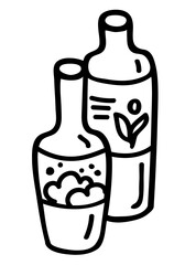 Shampoo and bubble bath. Bottles with cosmetics for the bathroom. Hand-drawn stylized illustration in doodle style. Black contours isolated on a white background. Vector stock illustration.