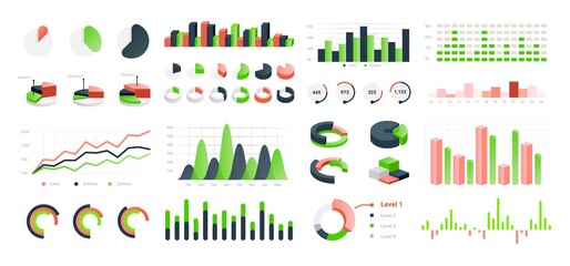Graphic charts. Infographic statistic bars and circle diagrams for data presentation, comparison histogram elements. Types set of isolated colorful analytic graphs. Vector information visualization
