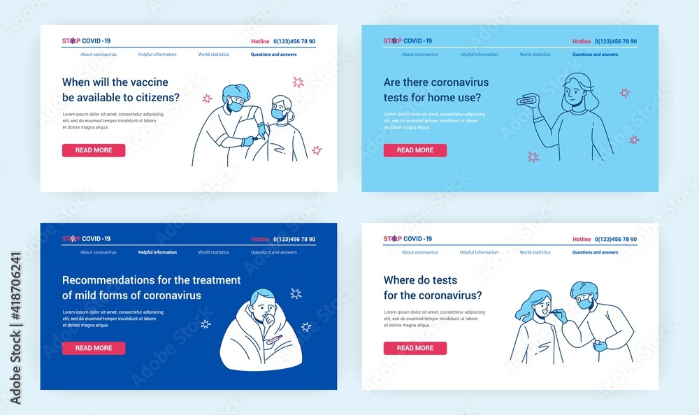 Aufkleber Medical help landing page. Answers to frequently asked questions about coronavirus pandemic. Covid laboratory testing and vaccination. Vector website interfaces for online support service with hotline