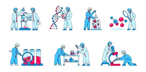 Scientist research. Medical cartoon characters doing laboratory tests and experiments. Scientific workers study pathogens and DNA. Vector people in protective suits work with microscope or lab tubes