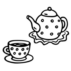 Doodle tea ceremony. Hand drawn teapot and cup with polka dots. Tea drinking. Tea time vector illustration with teapot with dots and mug of tea. Black outlines isolated on a white background.