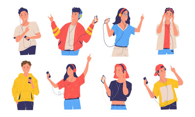 People listen music. Cartoon happy teenagers with phones and headphones dancing and enjoying audio. Teen men and women singing song, leisure time and entertainment, modern cartoon vector isolated set