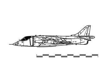 Hawker Siddeley Harrier GR.1, AV-8A, Matador. Vector drawing of VSTOL attack aircraft. Side view. Image for illustration and infographics.