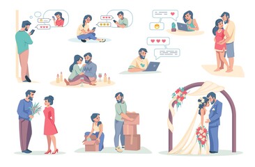 Online dating app. Cartoon boy and girl using smartphone application for acquaintance. Couple chatting and having romantic meeting. Characters giving flowers and getting married, vector scenes set