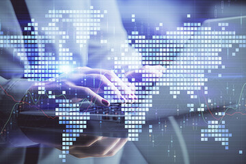 Multi exposure of woman hands typing on computer and business theme hologram drawing. Success concept.