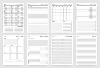 Planner pages. Paper sheets for scheduling, writing tasks for year and month, week or day. White blank diary stencils with plans and goals. To do list template. Vector printable organizer mockup set