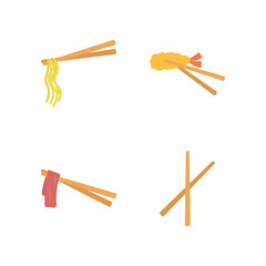 collection of chopsticks icon or illustration. use chopsticks to hold noodles, meat, and tempura. utensils for eating. spoon substitute. flat style. sticker vector design