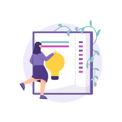 a concept search and get ideas, inspiration, knowledge. illustration of a female student reading a large book. flat style. vector design