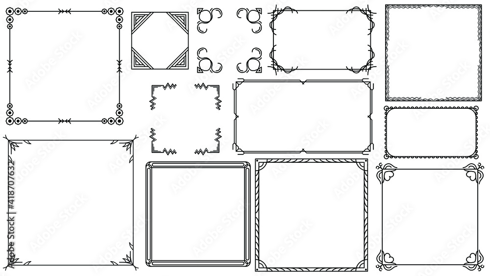 Poster set black simple line frame collection doodle square floral frame elements vector design style sketc