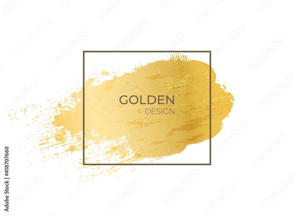 Poster Golden frame. Realistic gold grunge texture in geometric shape. Contour square form on yellow metallic background. Isolated paint smear, decorative template with copy space. Vector blank framework