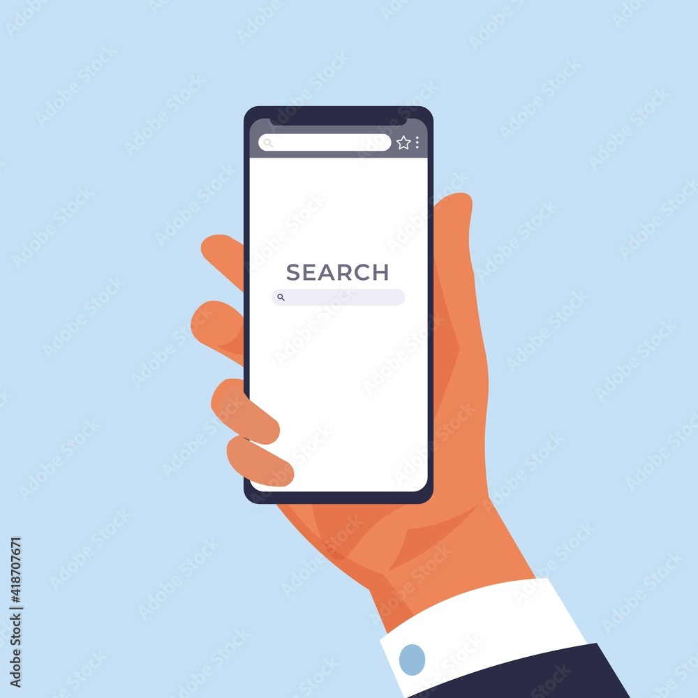 Aufkleber hand holding phone. mobile web page for online searching. cartoon man with smartphone. finding infor