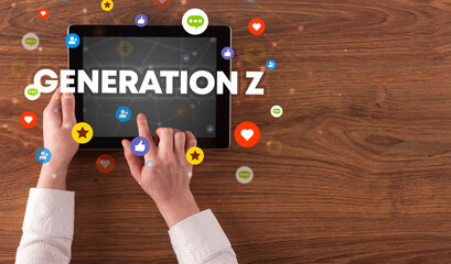 Close-up of a touchscreen with GENERATION Z inscription, social networking concept