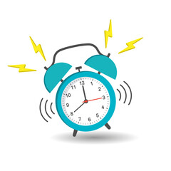 illustration of a blue alarm clock with a call and shadow on a white background