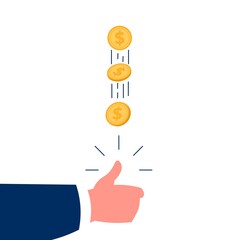 Hand tossing golden coin. Fortune concept. Cartoon human arm throwing piece of money for luck. Flying spinning gold chip. Random selection process. Man making arbitrary choice, vector illustration