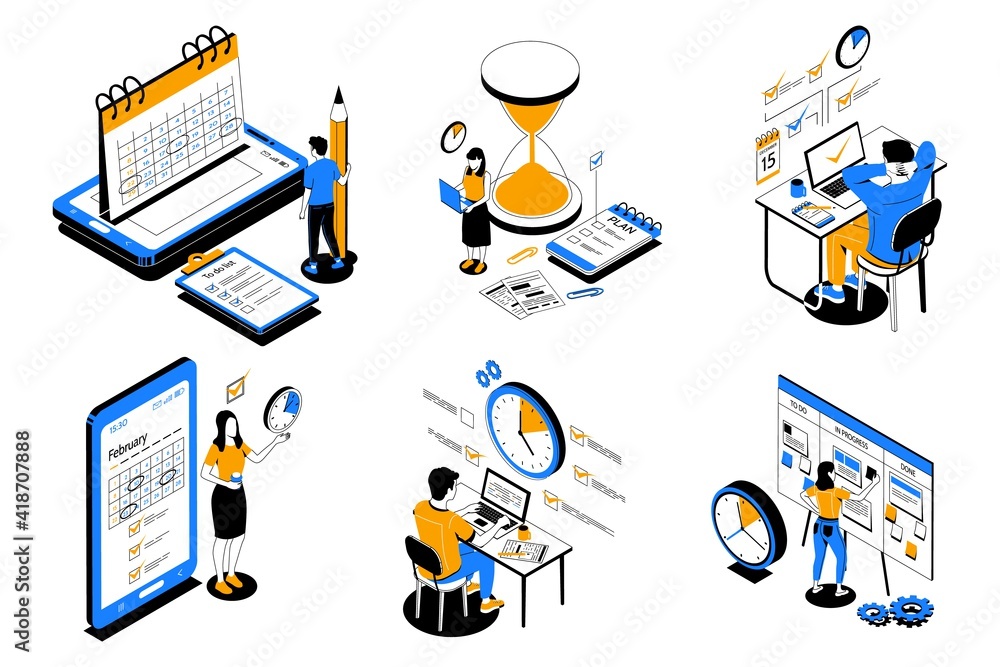 Aufkleber time management. people organize productive workflow and effective schedule. cartoon men or women su