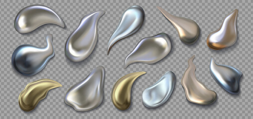 Liquid metal. Realistic 3D chrome smear. Silver or golden melted texture. Isolated mercury drops on transparent background. Fluid pearl droplets set, metallic paint templates. Vector glossy grey blob