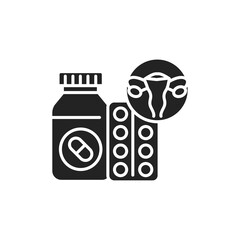 Tablets for treatment of gynecological diseases black glyph icon. Pill bottle and blister. Pictogram for web page, mobile app.