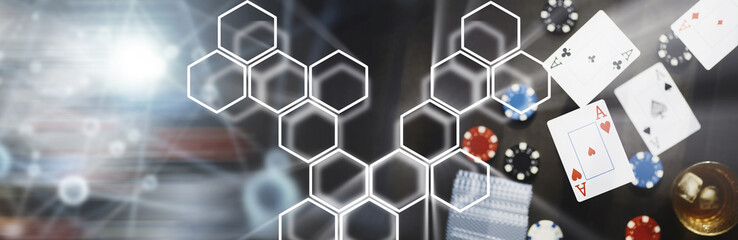 The concept of card tricks and presentations. The concept of a cheater in games. Flying cards in the air. A magician raises cards with the power of thought.