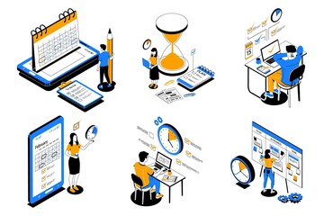 Time management. People organize productive workflow and effective schedule. Cartoon men or women successfully complete multitasking work on deadline and achieve priority goals. Vector office workers