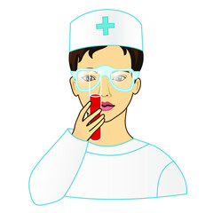 a man in a nurse costume holds a test tube with blood in his hand, funny cartoon character, color vector clip art on white isolated background