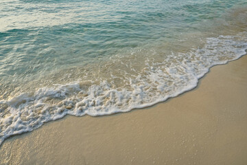 Fototapeta na wymiar Wide sandy beach, Clean white sandy beaches, calm sea, small waves and rocks, blue sky, Fresh air, Thailand beach, koh samet, 