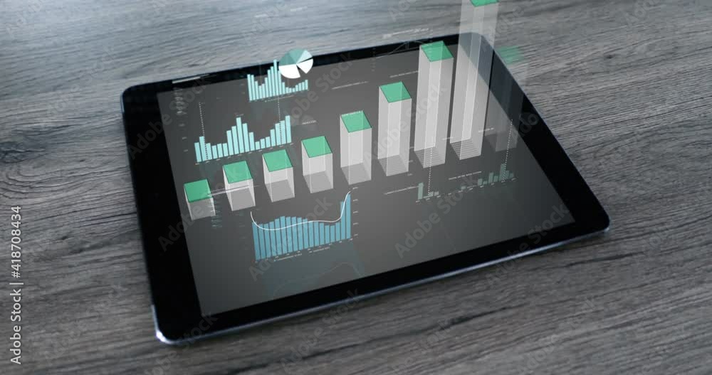Poster digital animation of diagrams, graphs, numbers and evaluations appear on a tablet screen on a wooden